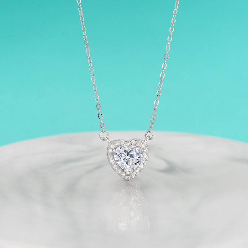 Necklace 925 Sterling Silver Heart Pendant with Moissanite Stone Romantic Design
