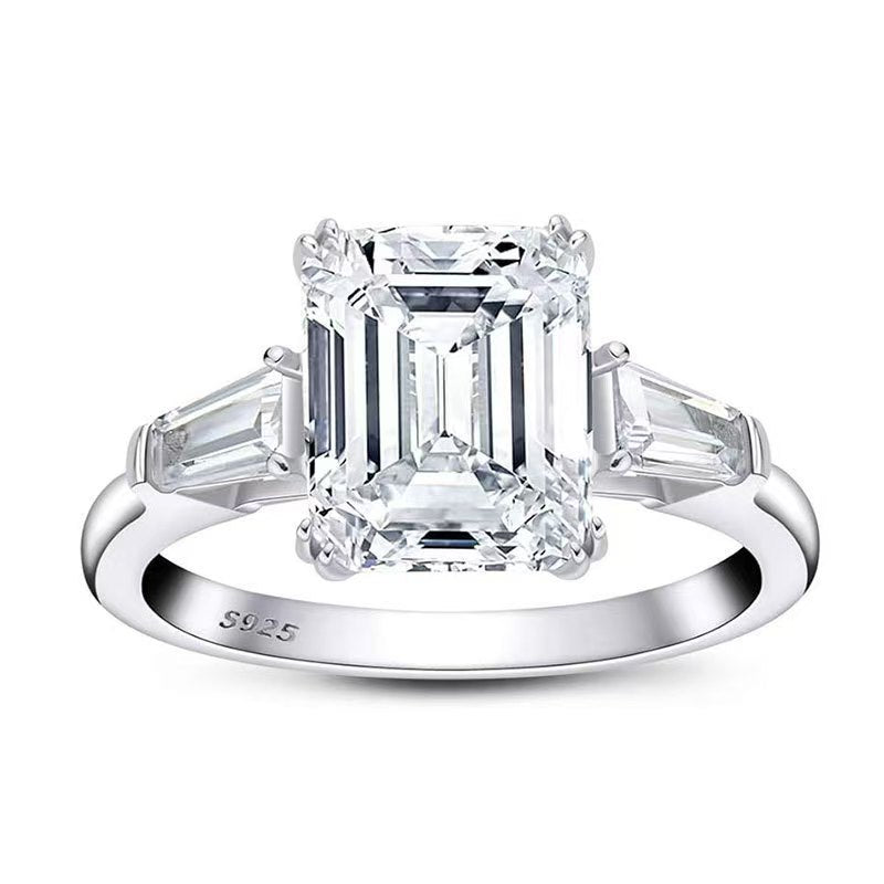 Sterling Silver Emerald Cut Moissanite Engagement Ring with Luxury Design