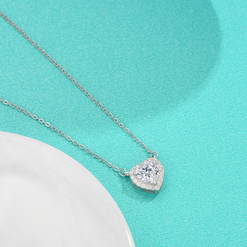 Necklace 925 Sterling Silver Heart Pendant with Moissanite Stone Romantic Design