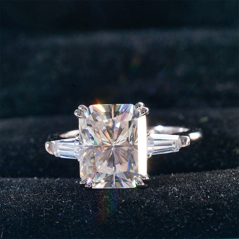 Sterling Silver Emerald Cut Moissanite Engagement Ring with Luxury Design