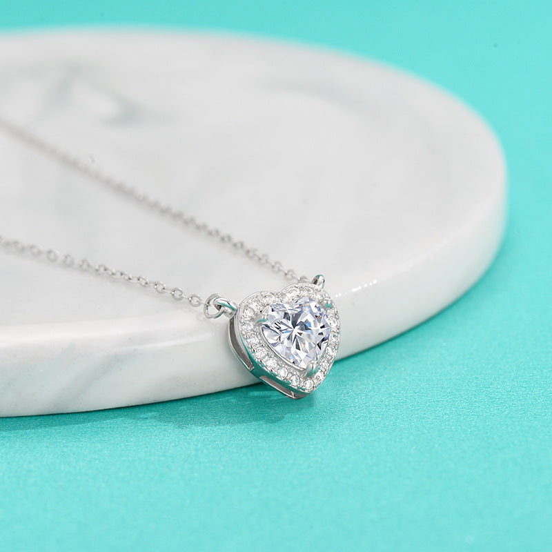 Necklace 925 Sterling Silver Heart Pendant with Moissanite Stone Romantic Design