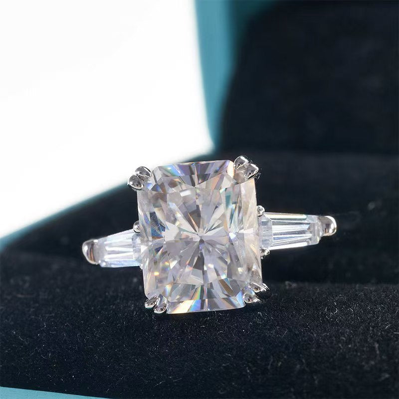 Sterling Silver Emerald Cut Moissanite Engagement Ring with Luxury Design