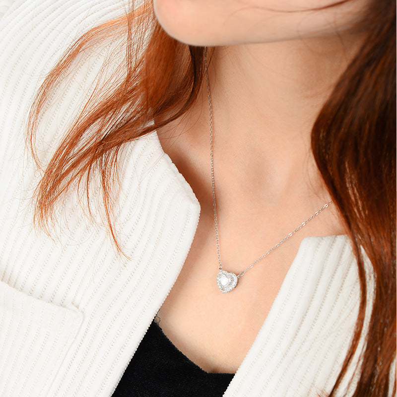 Necklace 925 Sterling Silver Heart Pendant with Moissanite Stone Romantic Design