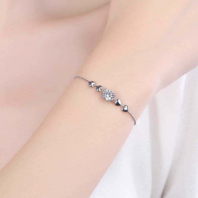 Bracelet - Heart Shaped S925 Sterling Silver with Moissanite Stones and Platinum Plating