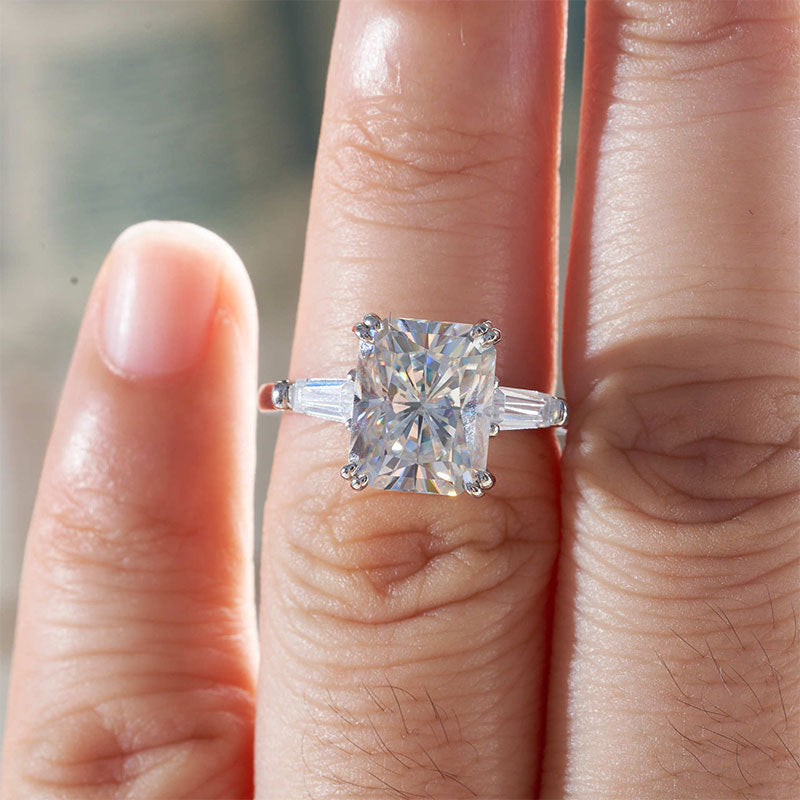 Sterling Silver Emerald Cut Moissanite Engagement Ring with Luxury Design