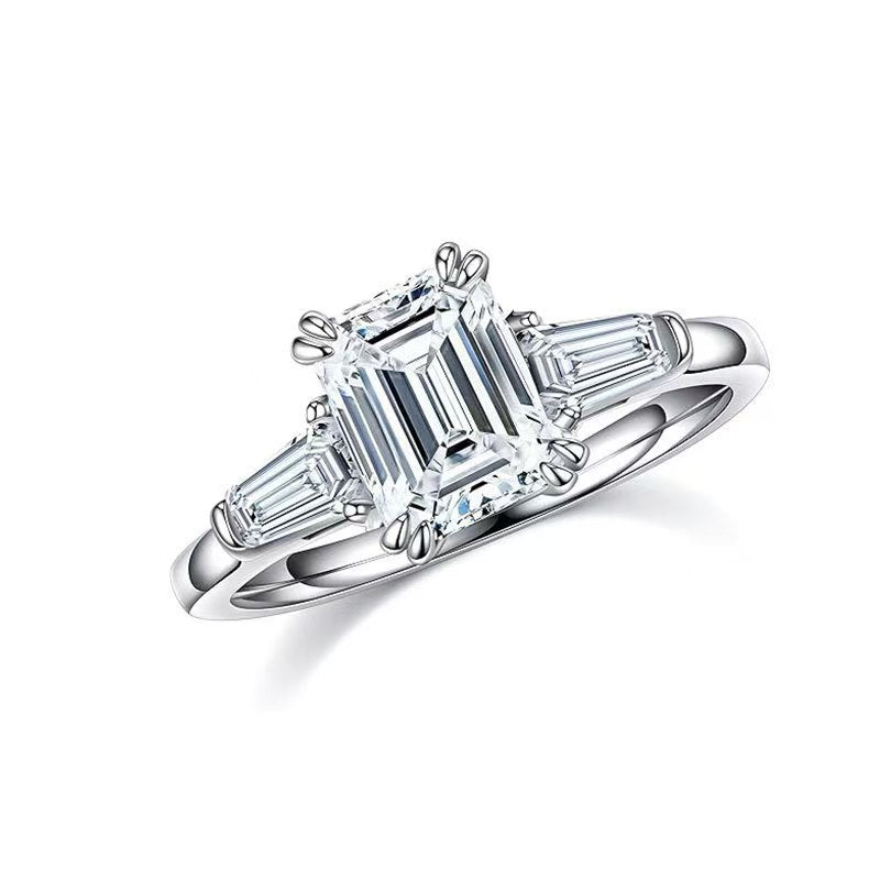 Sterling Silver Emerald Cut Moissanite Engagement Ring with Luxury Design