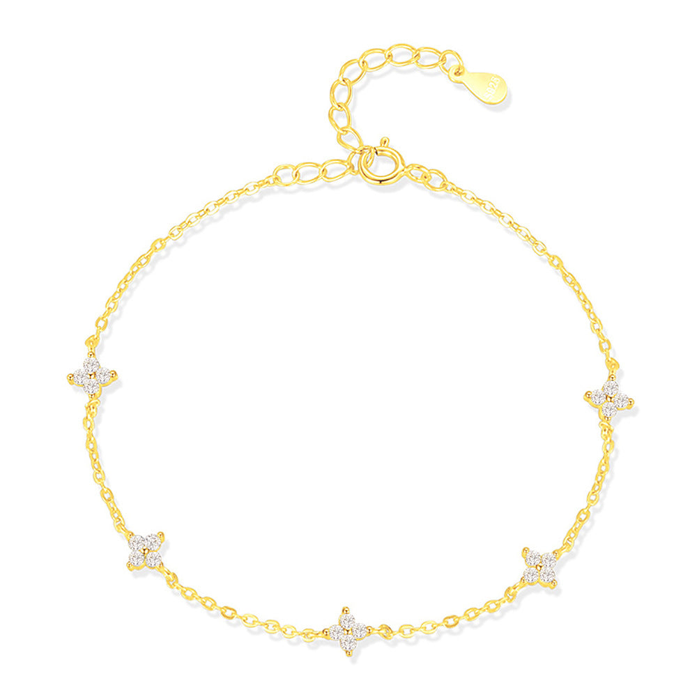 Four Petal Flower Cubic Zirconia S925 Silver Delicate Sweet  Station Chain Bracelet