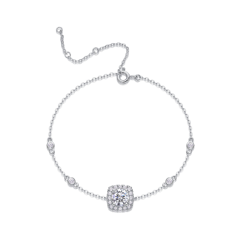 Round-Cut Moissanite Cushion Halo Station Bracelet in 925 Sterling Silver