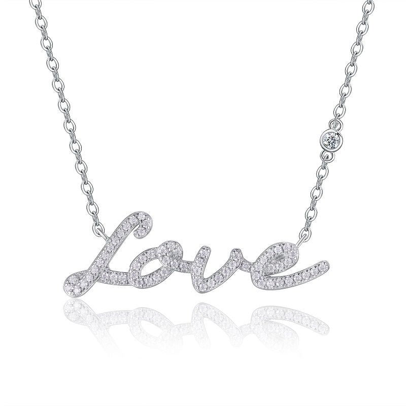 Round-Cut Moissanite Pave Script Love Necklace in 925 Sterling Silver