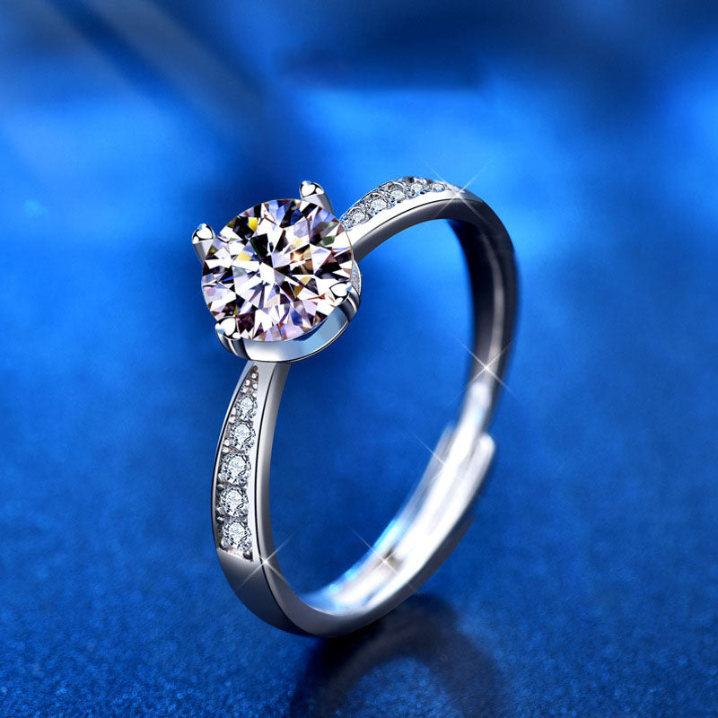 Wedding Classic Four Claw Round Moissanite CZ 25 Sterling Silver Adjustable Ring
