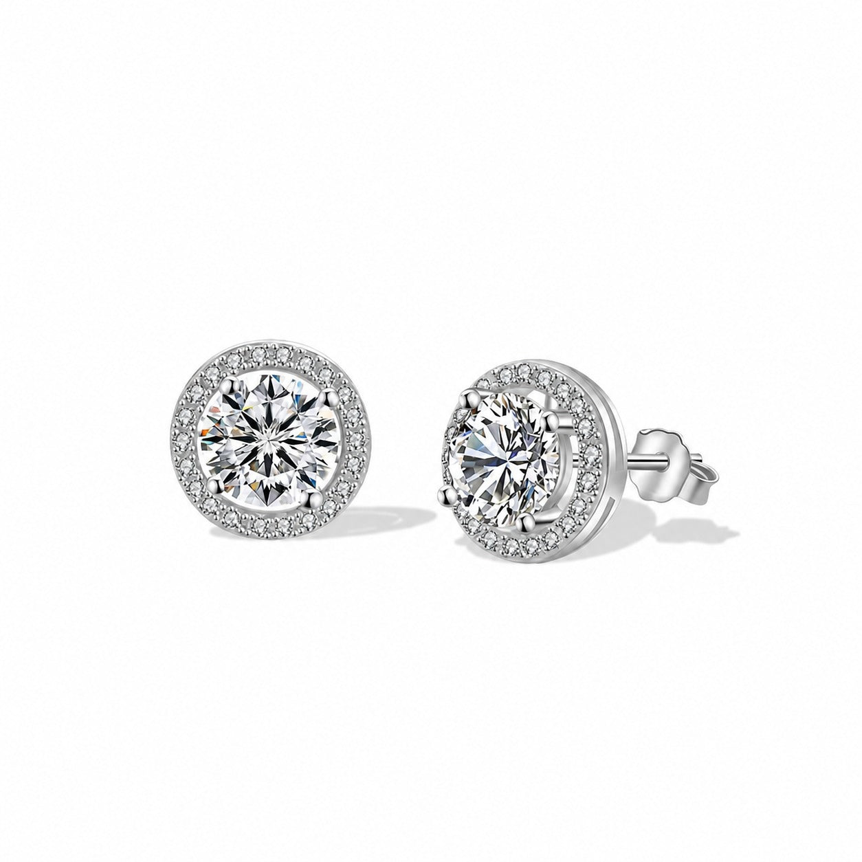 Classic Geometric Circle Design Elegant Round Halo Cubic Zirconia 925 Sterling Silver Stud Earrings