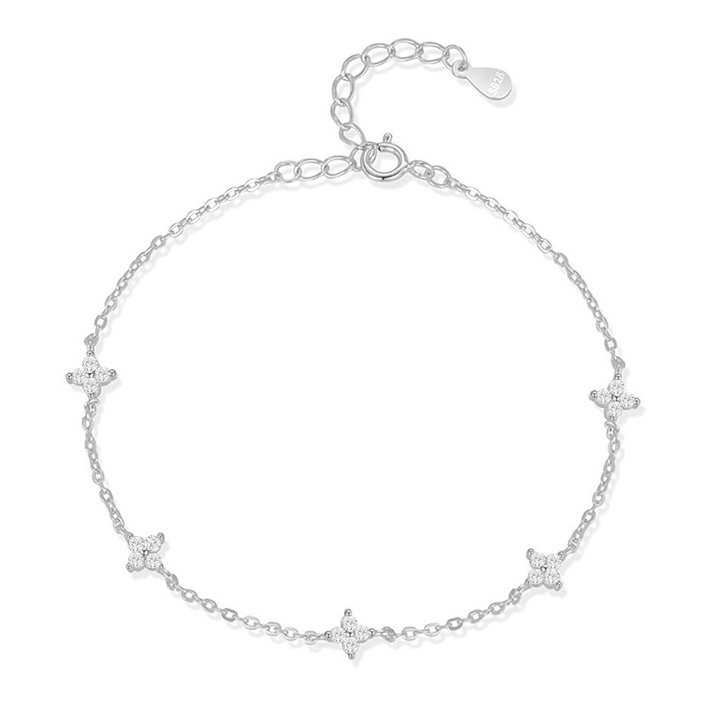 Four Petal Flower Cubic Zirconia S925 Silver Delicate Sweet  Station Chain Bracelet