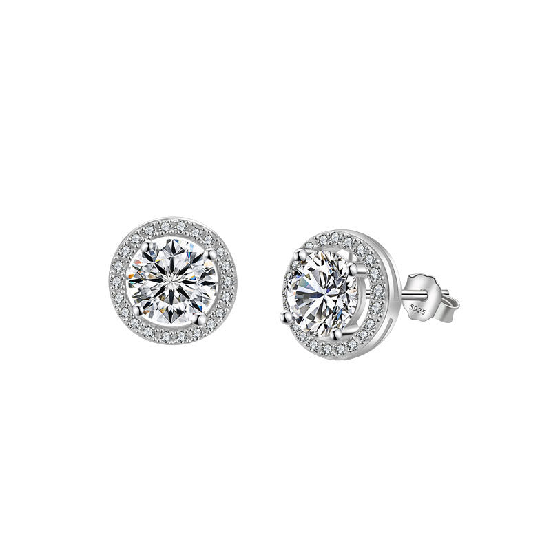 Classic Geometric Circle Design Elegant Round Halo Cubic Zirconia 925 Sterling Silver Stud Earrings