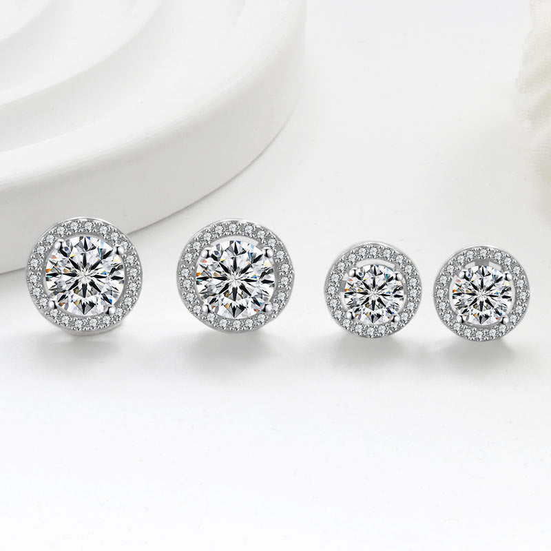 Classic Geometric Circle Design Elegant Round Halo Cubic Zirconia 925 Sterling Silver Stud Earrings